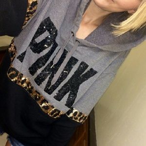 PINK Victoria's Secret Gray and Black Hoodie with Leopard Accents